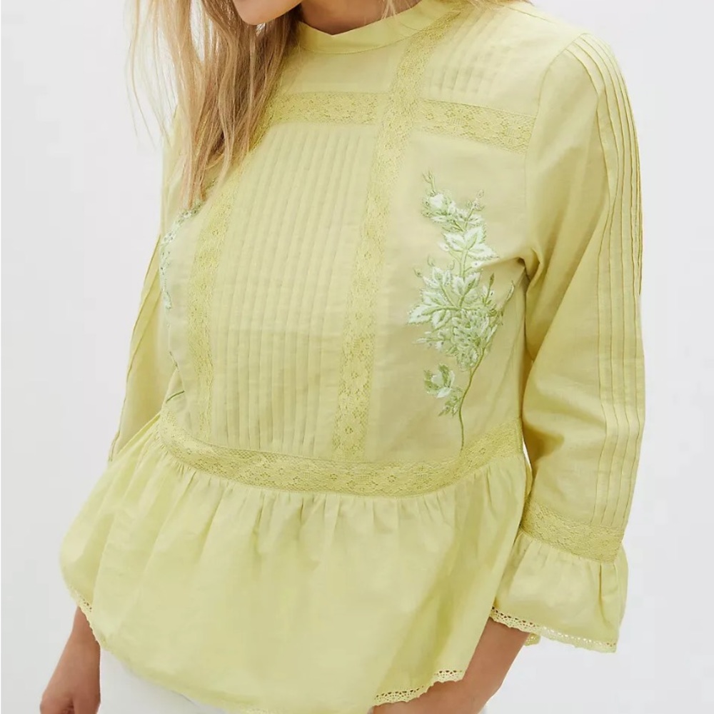 Anthro Duet Pastel Green Embroidered Beaded Crochet Lace Ruffle Blouse Top - Picture 4 of 8